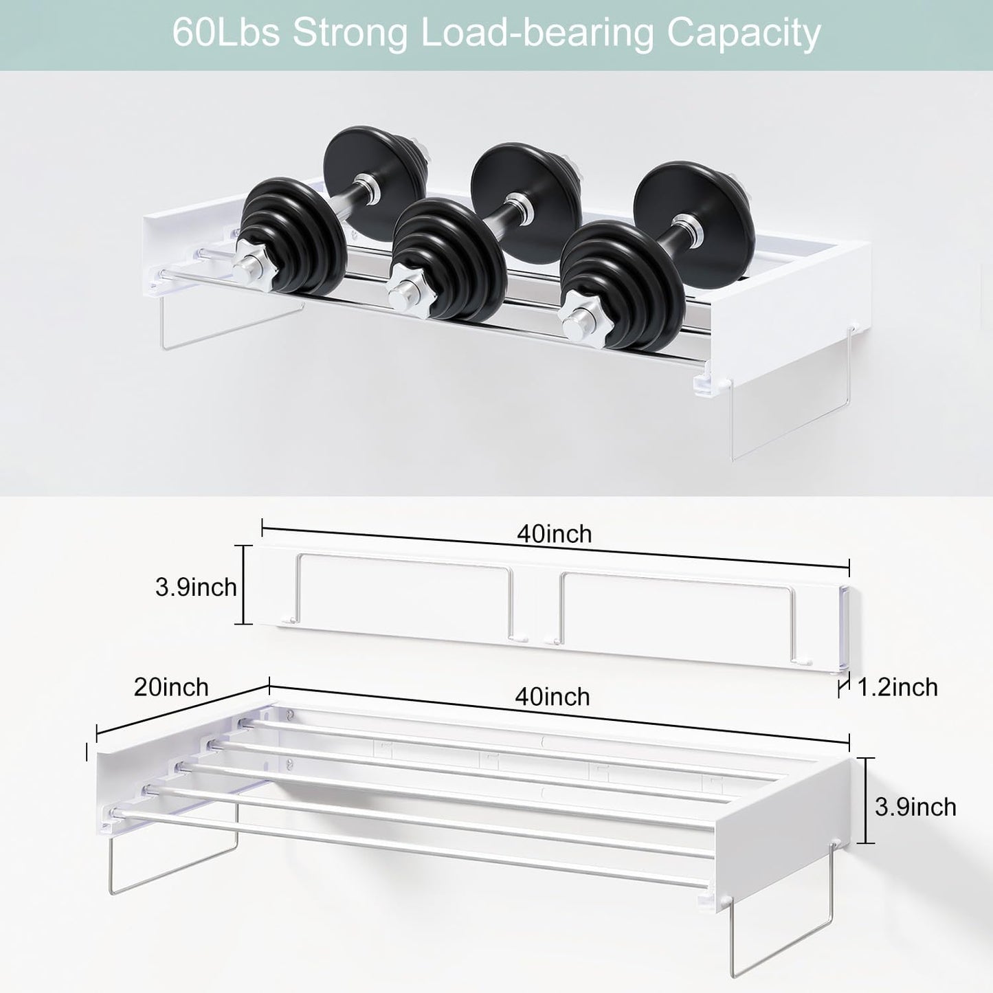 Wall Mounted Laundry Rack, Collapsible Clothes & Towel Drying Rack for Indoor & Outdoor, 40' W x 16.5 L Ft, 60 lb Capacity, White