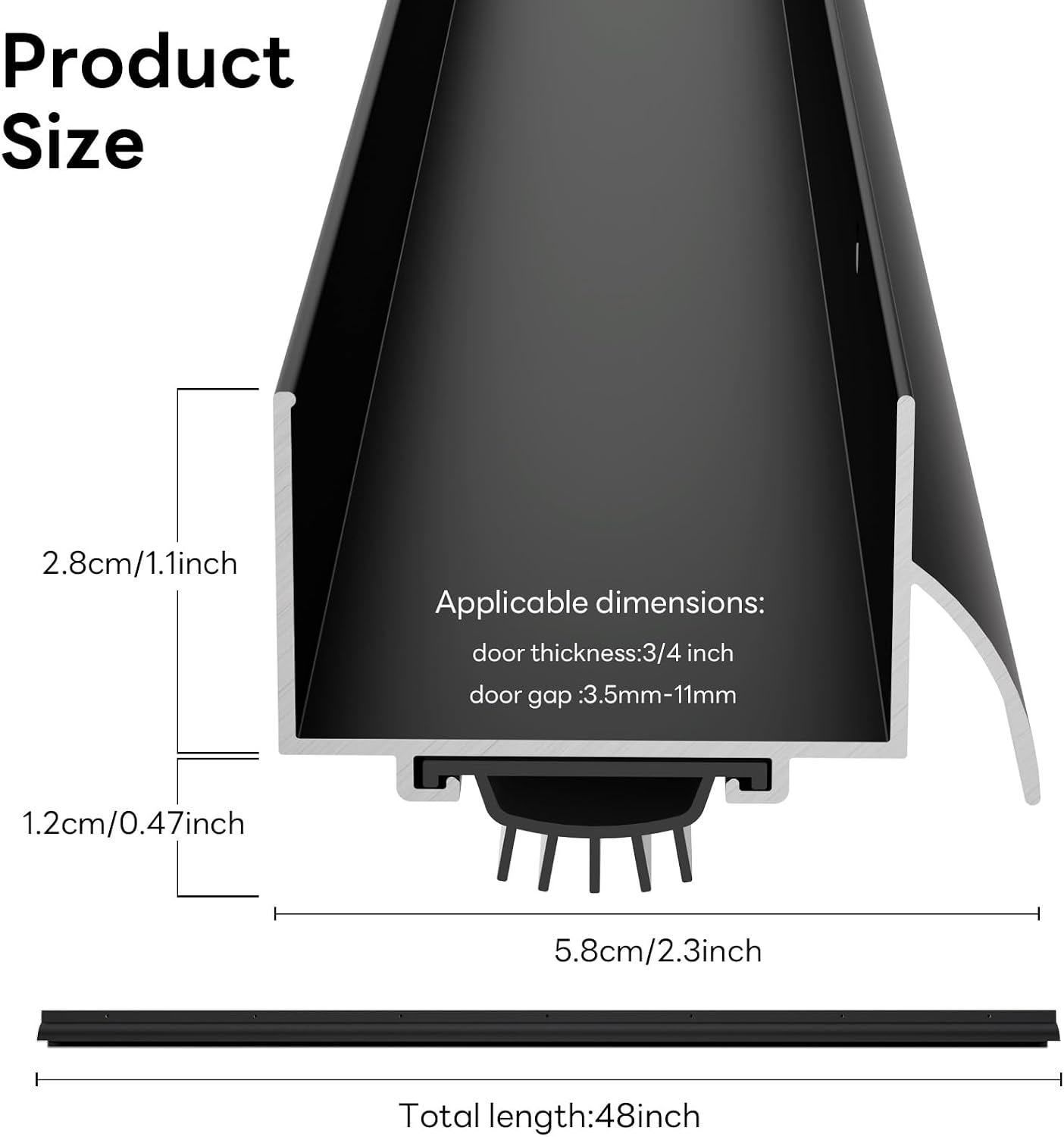 1-3/4" x 48" U Shaped Door Bottom Sweep with Drip Cap, Aluminum Weather Stripping Seal, Metal Screw-on Under Door Seal for Exterior Doors (Black, 1 Pack)