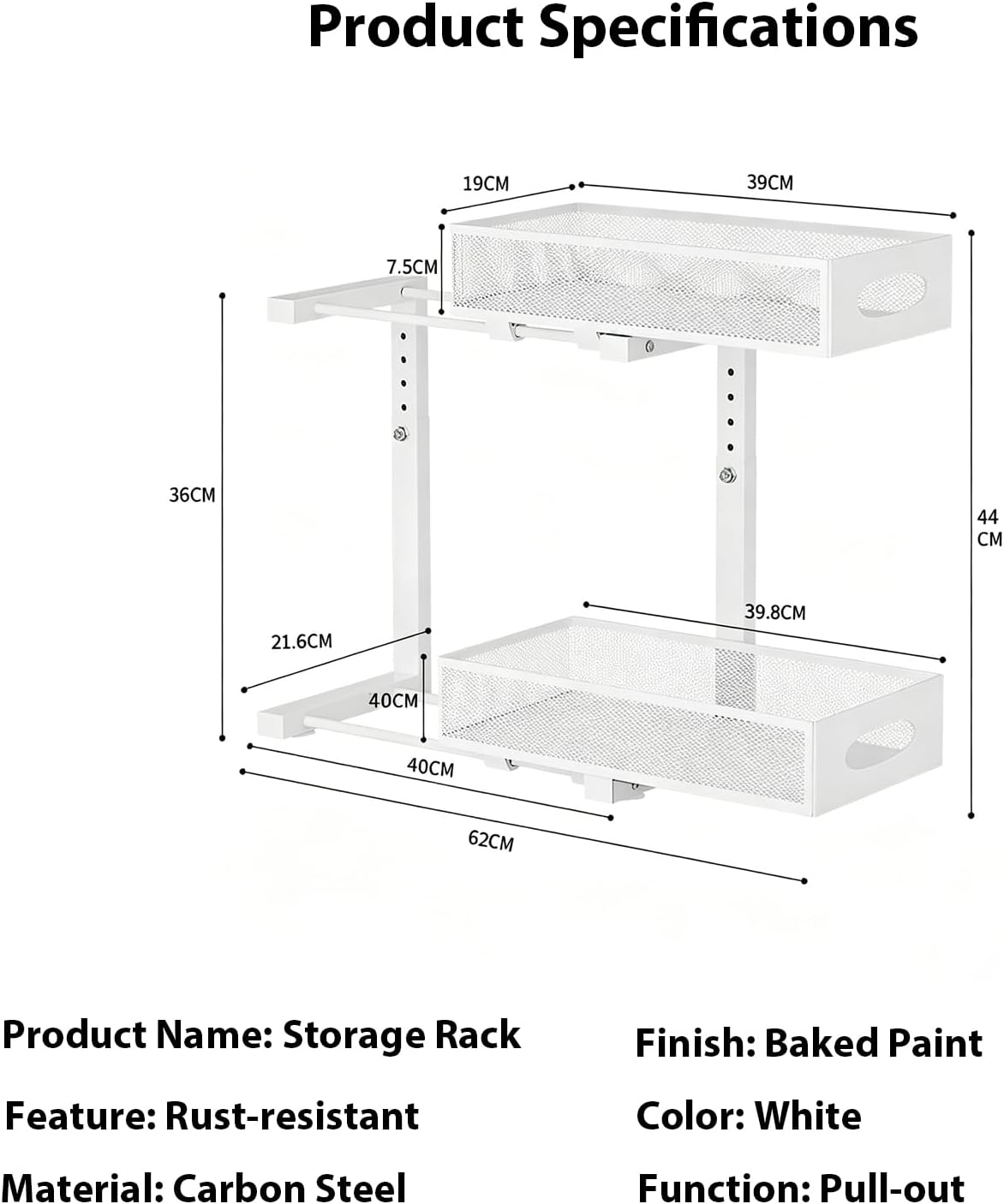 2 Pack Under Sink Organizer, 3-Tier Pull Out Kitchen Cabinet Organizer with 5 Adjustable Heights Metal Slide Out Bathroom Storage Makeup Drawer Rack for Bedroom Office Pantry Home Organization, White
