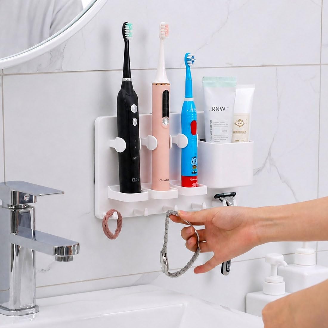 simpletome Adhesive Electric Toothbrush Holder Wall Mounted (White) | no drilling required | adhesive installation | 2pcs self-adhesive tape included | abs plastic | with 6hooks | razor hanger