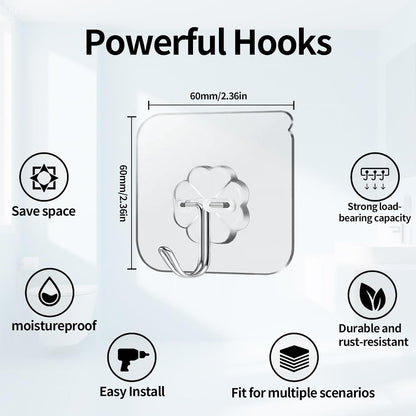 Adhesive Hooks, Hold 33lb(Max) Heavy Duty Sticky Hooks,Waterproof and Rustproof Wall Hooks for Hanging Can be Use Kitchen Bathroom Ceiling Office Window Home Improvement (Transparent 10PCS)