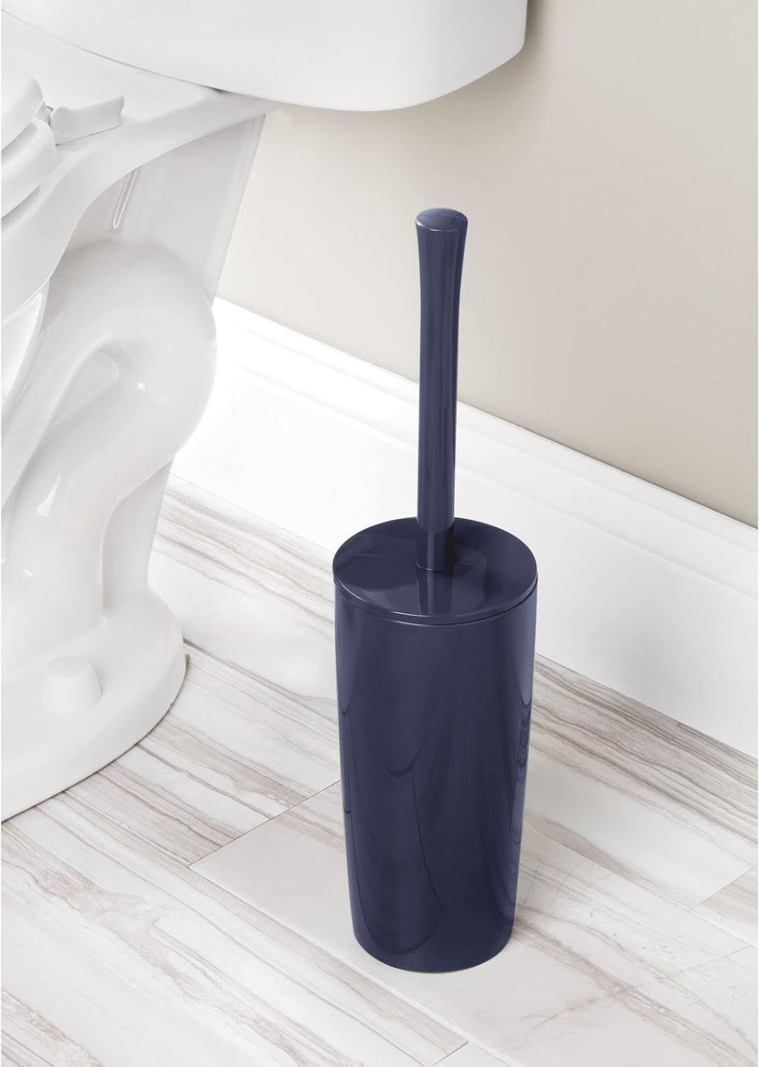mDesign Slim Plastic Toilet Bowl Brush and Holder Set, Modern Compact Storage Organizer Cleaner Scrubber for Toilet - Heavy Duty Cleaning Plunger for Bathroom, Aura Collection - White