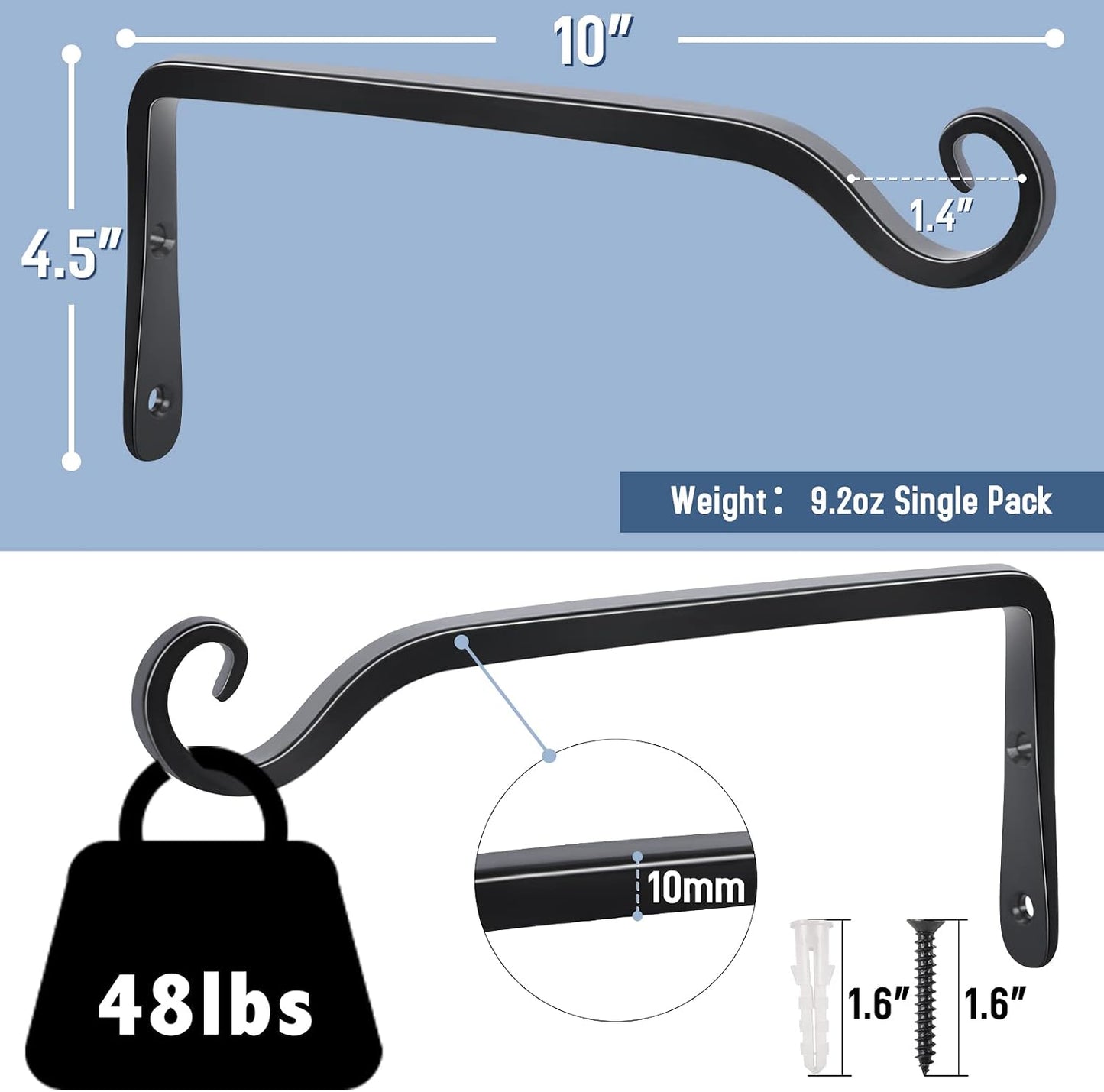 FEED GARDEN Heavy Duty Plant Hangers Outdoor Indoor, 8 Inch 2 Pack Metal Hanging Bracket Holds Up to 44 lbs, Wall Brackets for Hanging Baskets, Bird Feeders,Wind Chime& Lanterns, Black