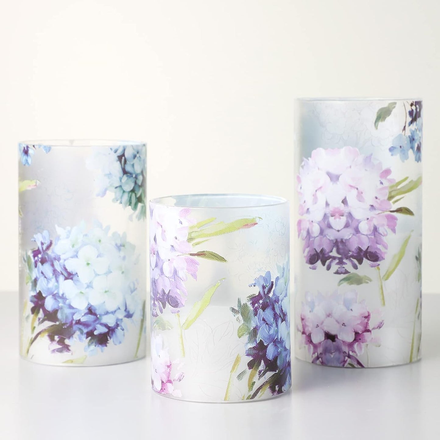 Glass Flameless Candles Flickering Battery Operated LED Pillar Candles Set of 3 with Timer and and 10-Key Remote Green Branch Floral Spring Summer Theme for Wedding Festival Home Decoration
