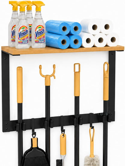 Broom Holder Wall Mount, Broom and Mop Organizer Wall Hanging with Solid Wood Frame,Organizer Rack Built with 4 Grippers & 3 Hooks; Broom Hanger Wall Mount for Laundry Room, Garages and Storage Room