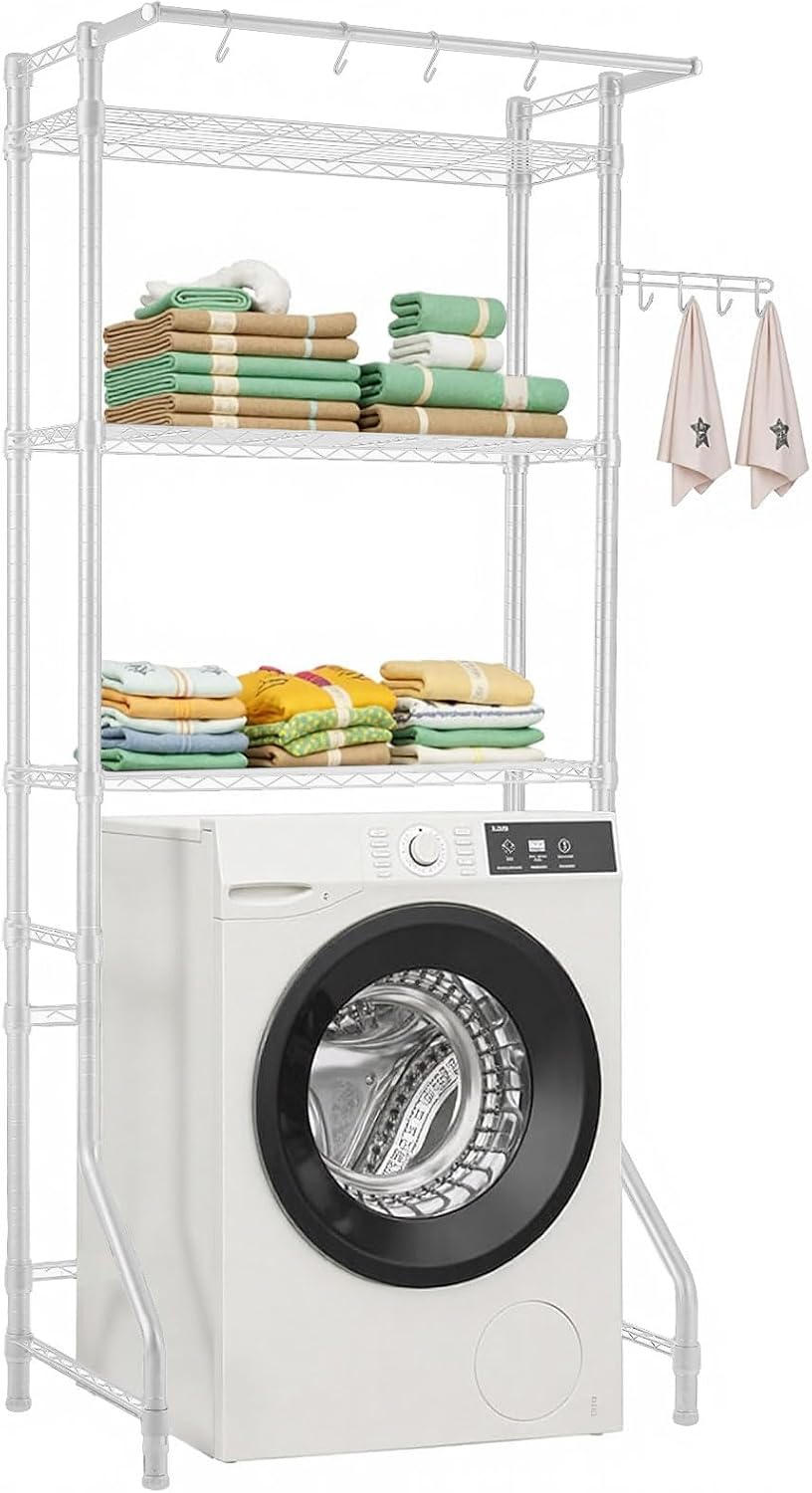 VEVOR Over The Washer and Dryer Storage Shelf, 3 Tier Laundry Room Drying Rack with Hanger Rod and Hooks, Adjustable Over Washer and Dryer Shelves, Laundry Room Shelf Storage Space Saver, Black