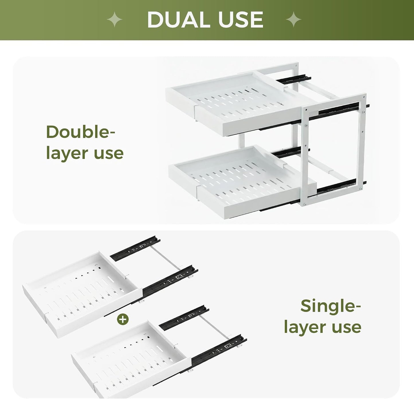 Abalter Expandable Pull Out Cabinet Organizer, 2-Tier Slide Out Drawer for Kitchen Cabinets, Adjustable Width 12–18.5", Slide Out Shelves for Kitchen, Bathroom, Pantry, Heavy Duty Caddy(White)