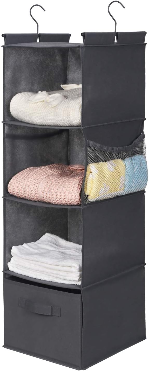 MAX Houser 4-Shelf Hanging Closet Organizer, Space Saver, Cloth Hanging Shelves with 2 Side Pockets, Foldable (Beige)