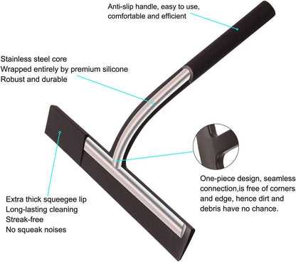 All -Purpose Silicone Shower Squeegee for Shower Glass Door with Hook, Bathroom Accessories for Window Mirror Tile Car Shower Walls,Household Shower Cleaner Tool (Black, 9 inch(1 Hook)