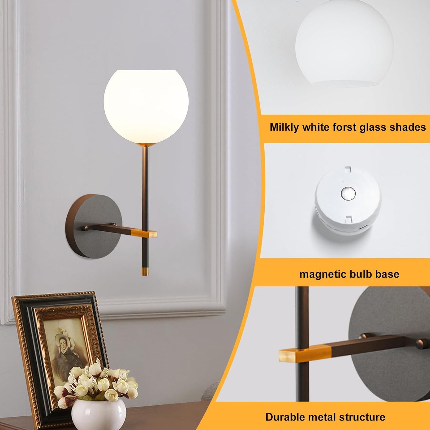 Brass Battery Operated Wall Sconces Set of 2, Rechargeable Wireless Wall Lights with Milky White Frosted Glass, 12 RGB and 3CCT Dimmable, Wall Lamps with Remote for Bedroom Living Room Hallway