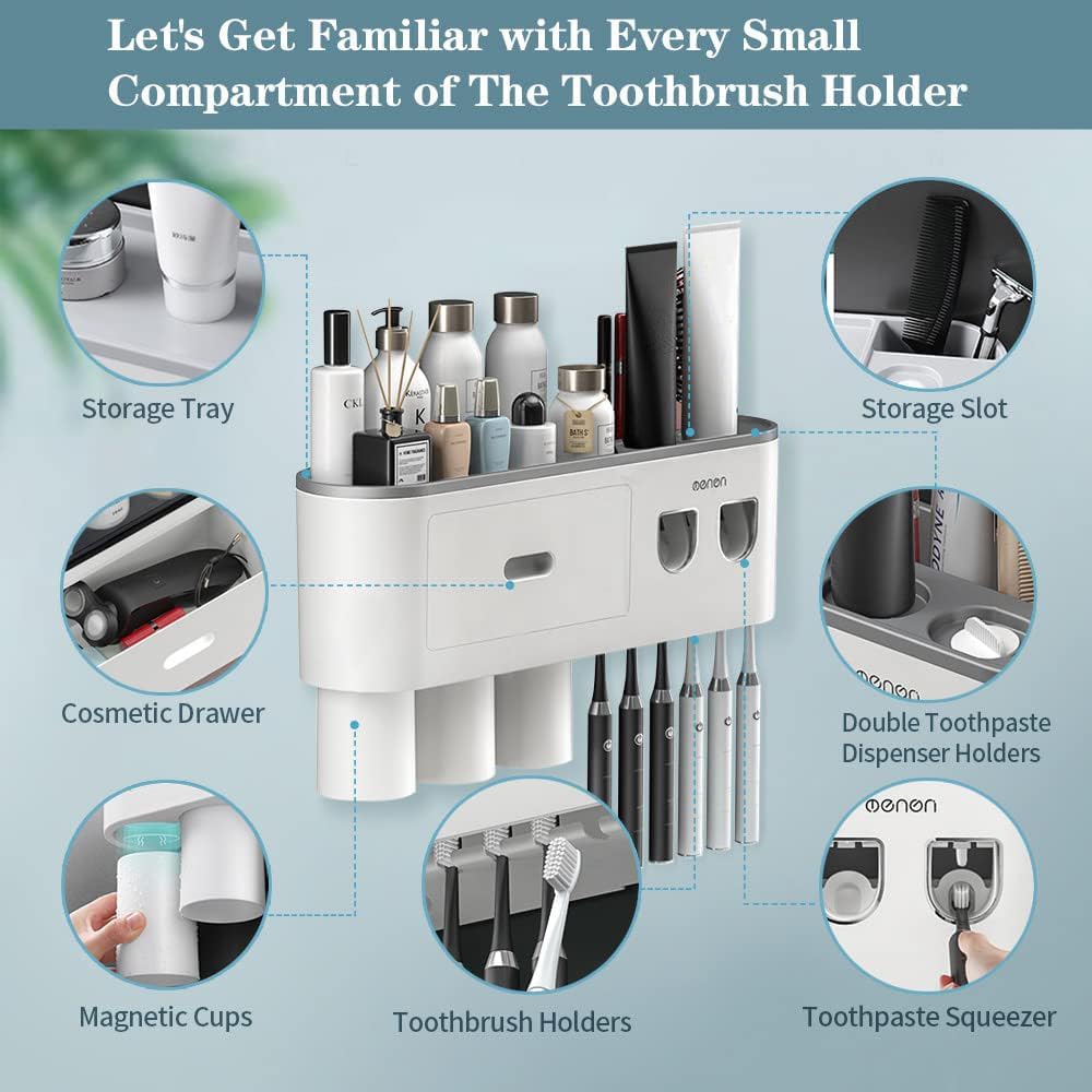 Toothbrush Holders for Bathrooms Wall Mounted, 6 Slot Toothbrush Holder with 2 Automatic Toothpaste Dispensers, 2 Magnetic Cups, Large Capacity Bathroom Organizer, Wall Storage with Drawer