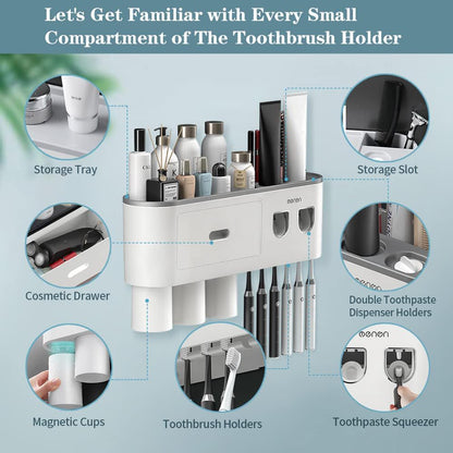 Toothbrush Holders for Bathrooms Wall Mounted, 6 Slot Toothbrush Holder with 2 Automatic Toothpaste Dispensers, 2 Magnetic Cups, Large Capacity Bathroom Organizer, Wall Storage with Drawer