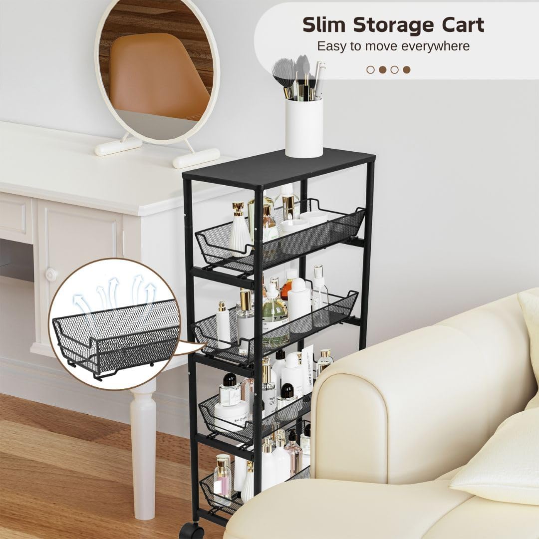 IBERG 5 Tier Slim Storage Cart with Wheels and Pull Out Baskets (Black)