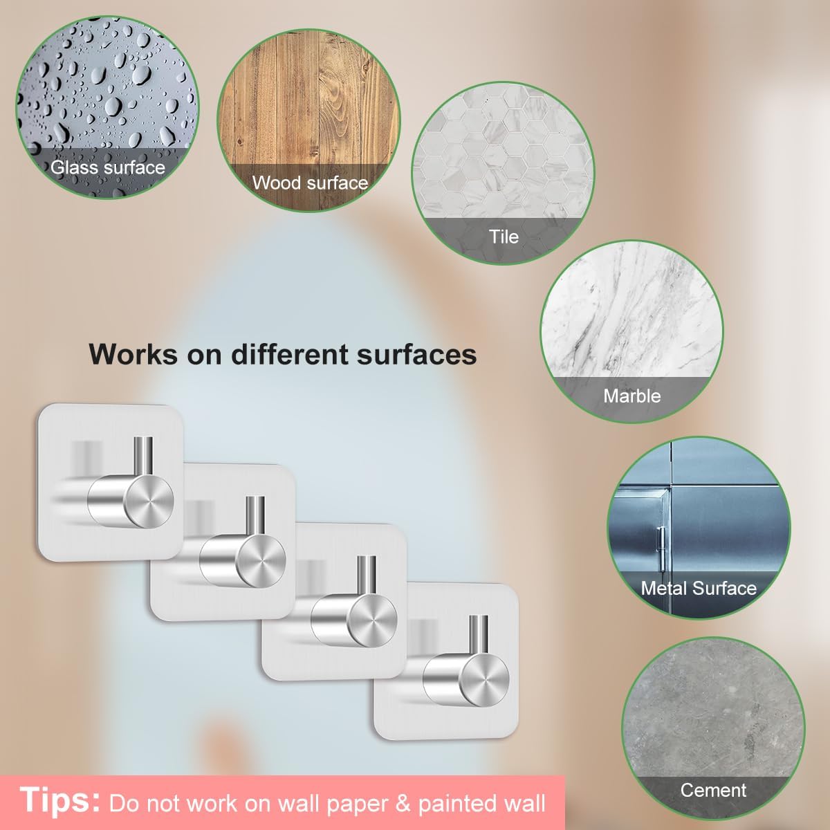 4 Pcs Stainless Steel Adhesive Hooks, Heavy Duty Waterproof in Shower Hook for Hanging Loofah, Towels, Clothes, Robes for Bathroom Removable Adhesive Wall Door Hangers, Black