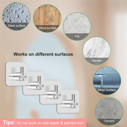 4 Pcs Stainless Steel Adhesive Hooks, Heavy Duty Waterproof in Shower Hook for Hanging Loofah, Towels, Clothes, Robes for Bathroom Removable Adhesive Wall Door Hangers, Black