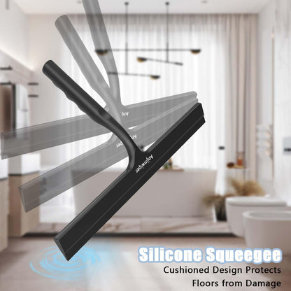 Household Squeegee for Shower Glass Doors, Silicone Shower Squeegee with Adhesive Hook, Bathroom Squeegee for Shower, Window Cleaner Tool for Glass Door, Kitchen, Tile Wall(10 inch-Black)