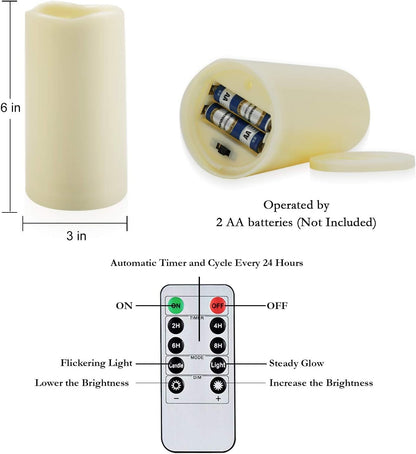 Amagic 3" x 6" Waterproof Outdoor Flameless Candles, Battery Operated Candles with Remote and Timer, Flickering LED Pillar Candle for Outside Patio Garden and Indoor Home Decor, Ivory, Set of 2