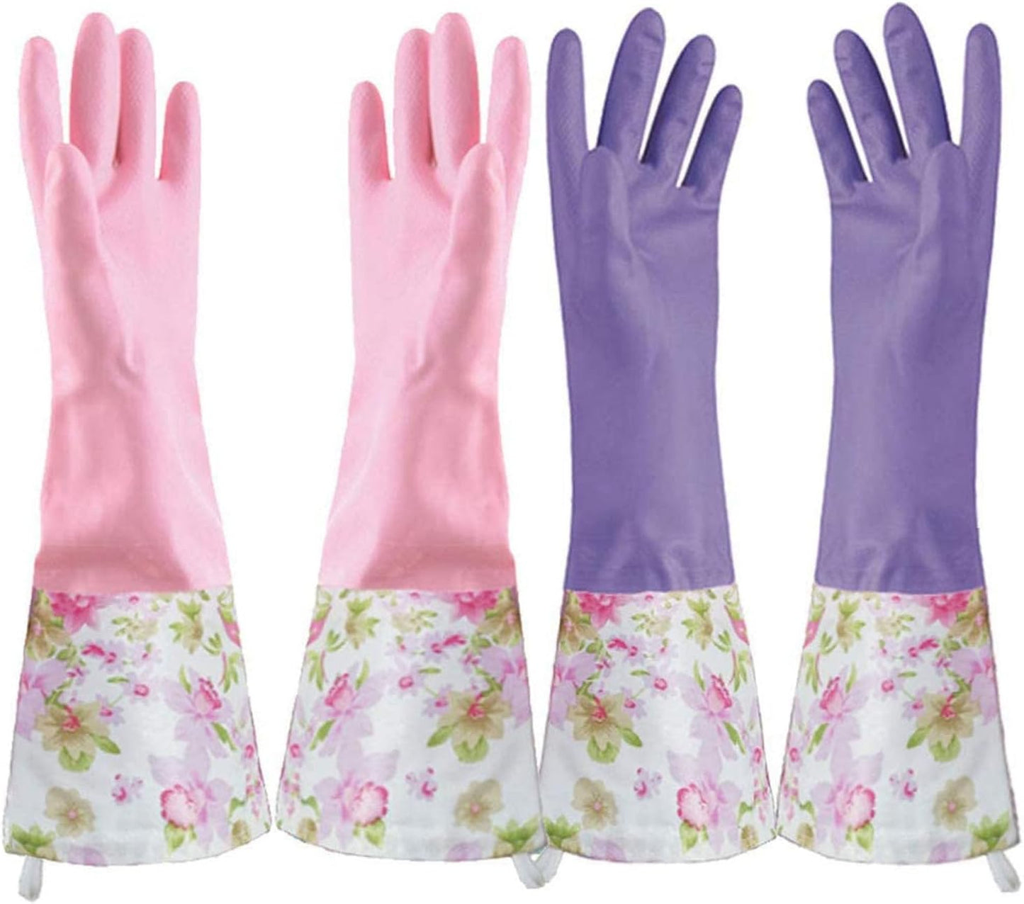KINGFINGER 2 Pairs Latex-Free Reusable Dishwashing Gloves,PVC Waterproof Long Cuff and Flock Lining Household Cleaning Gloves,for Kitchen & Bathroom Cleaning, Large