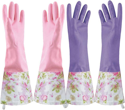 KINGFINGER 2 Pairs Latex-Free Reusable Dishwashing Gloves,PVC Waterproof Long Cuff and Flock Lining Household Cleaning Gloves,for Kitchen & Bathroom Cleaning, Large