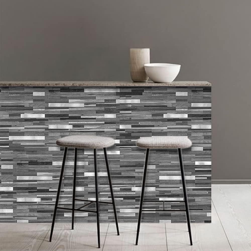 AULIGET 20 Sheets Peel and Stick Backsplash, Black & Grey Wood Look PVC Mixed Metal Stick on Backsplash Tiles for Kitchen