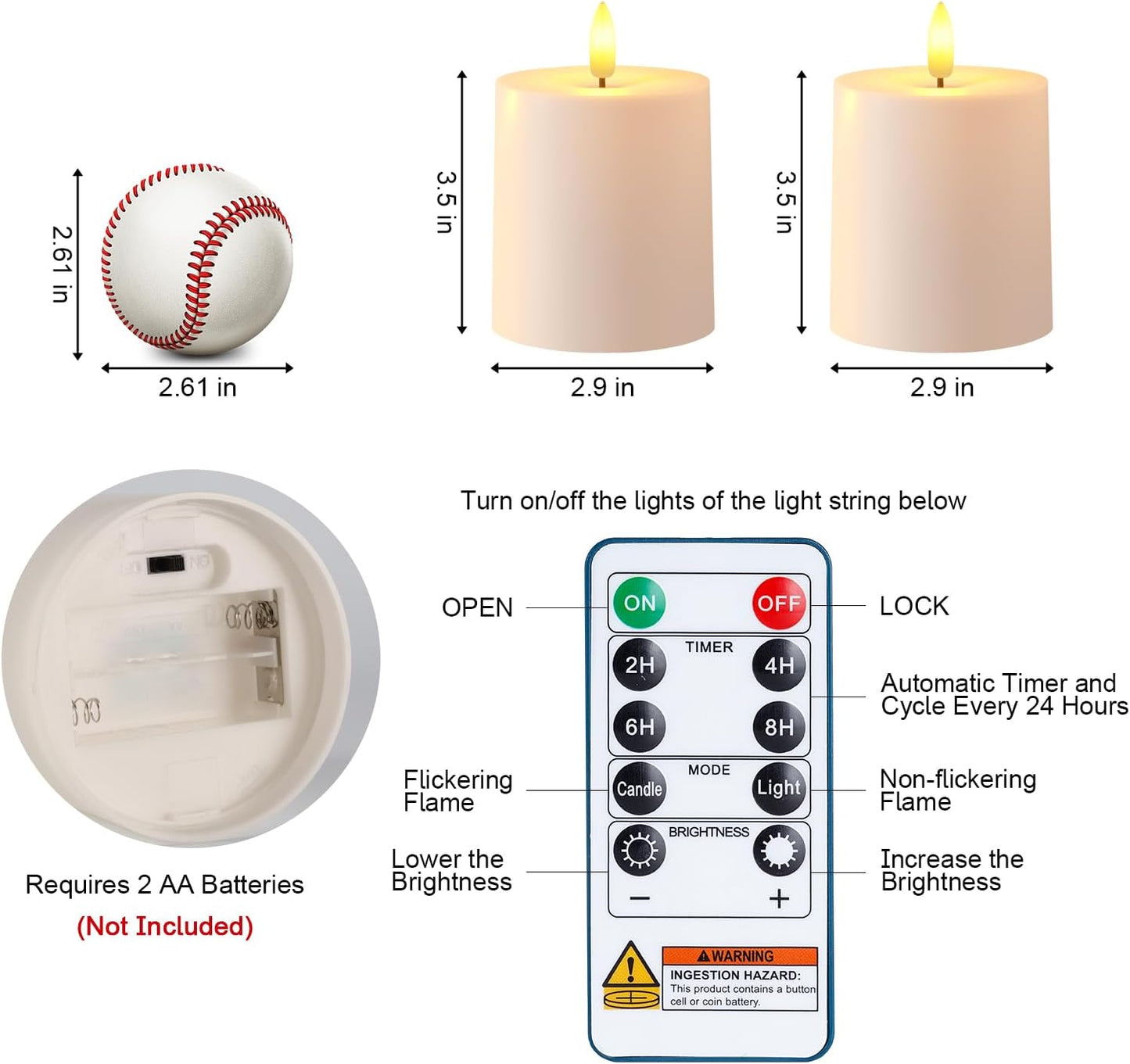 Raycare 3"x2.5" White Outdoor Waterproof Flameless Candles with Remote and Timer, Realistic LED Candles, Battery Operated Electric Fake Pillar Candles for Porch, Patio, Garden, Set of 2