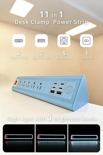 Desk Clamp Power Strip with Nightlight, 40W Fast Charging, 10FT Extension Cord, 4x20W USB-C & 2 USB Ports, 5 AC Outlets, Fits 1.69-Inch Table Edges