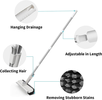 Floor Scrub Brush with Long Handle, 3 in 1 Scrape and Heavy-Duty Stiff Bristle Scrubber Brush Broom for Cleaning Shower Bathroom, Patio, Pool, Garage, Kitchen, Wall and Deck (White, 1 Pack)