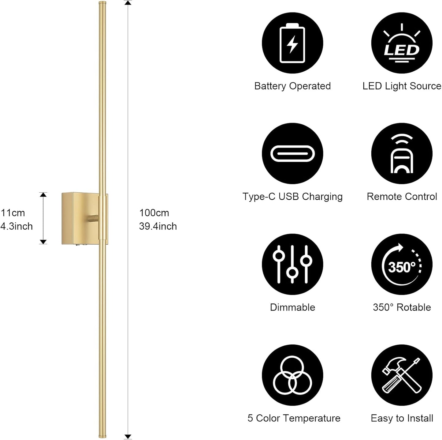 Battery Operated Wall Sconce Set of Two with Remote Control, 3000K-6000K Dimmable Black Wall Lights, Timable LED Wireless Wall Sconces, 350° Ratate for Bathroom, Living Room, Hallway 29.1 Inch