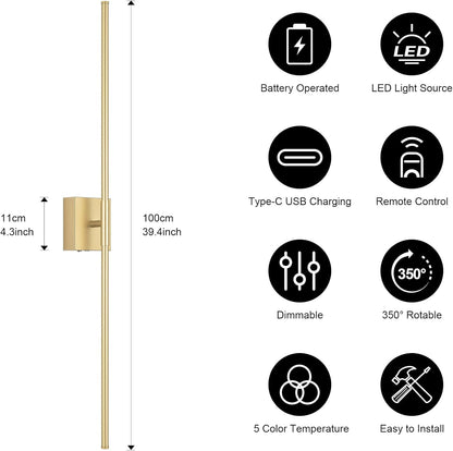 Battery Operated Wall Sconce Set of Two with Remote Control, 3000K-6000K Dimmable Black Wall Lights, Timable LED Wireless Wall Sconces, 350° Ratate for Bathroom, Living Room, Hallway 29.1 Inch