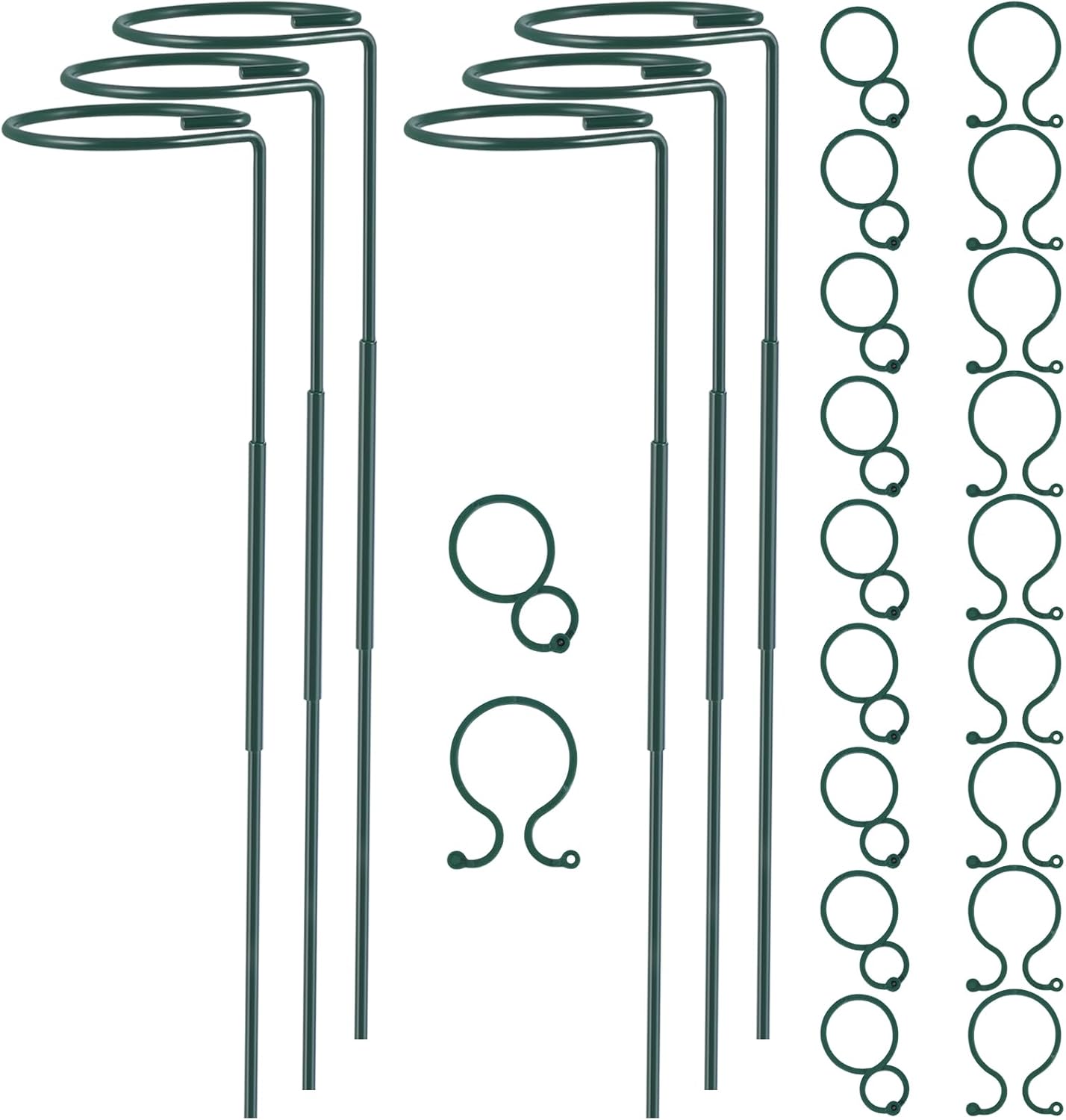 Plant Stake Support - 6 Pack, Garden Single Stem Support Stake Plant Cage Support Rings, Single Stem Plant Support Stakes, Plant Twist Ties, for Flowers Amaryllis Tomatoes Peony Lily Rose (15.9 inch)