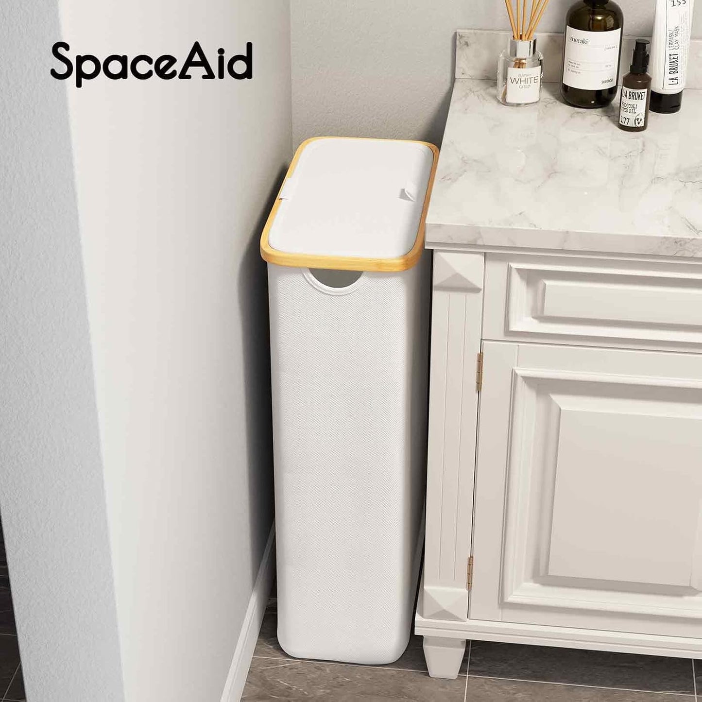 SpaceAid Double Laundry Hamper 2 Section with Lid and Removable Laundry Bags, 160L Clothes Basket with Bamboo Handles, Large Collapsible Hamper for Bedroom, Bathroom, Dorm, Laundry Room - White