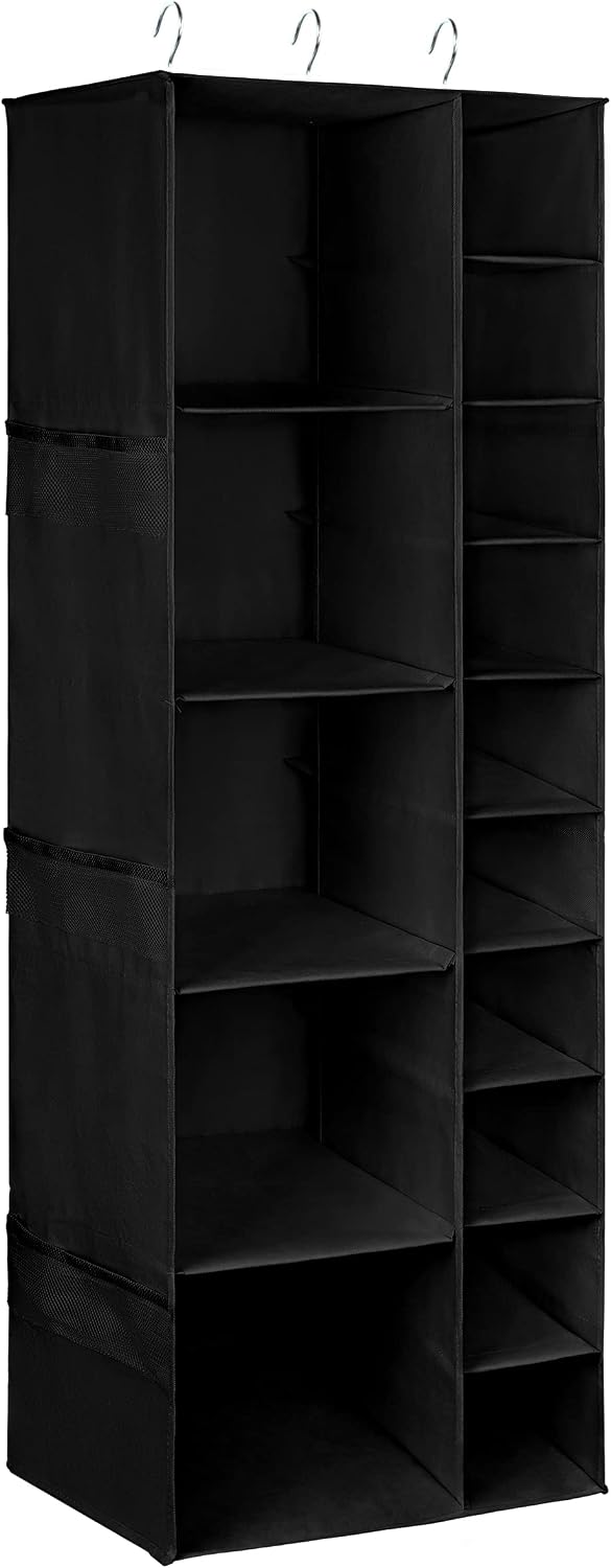 Libeder Shoe Organizer for Closet, 15 Shelf Hanging Closet Storage Shelves - 10 Shoe Rack Organizer and 5 Compartment for Clothes with 6 Side Mesh Pockets for Scarves Socks,Gloves, Grey