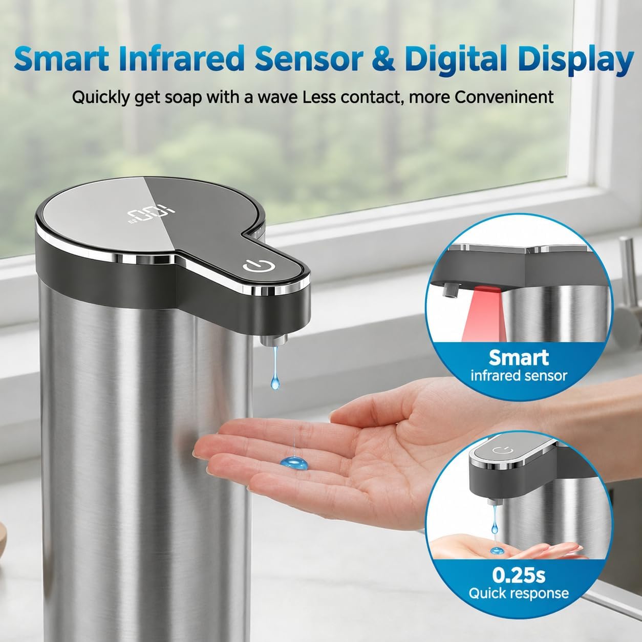 Automatic Foaming Soap Dispenser,Touchless Foam Soap Dispenser,12oz Rechargeabled Wall Mounted Smart for Bathroom and Kitchen Dish Soap,Easy for Toddlers（Brushed Silver）