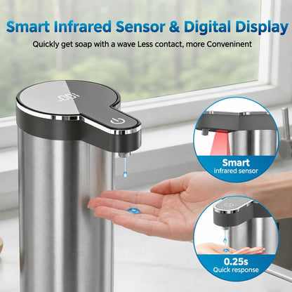 Automatic Foaming Soap Dispenser,Touchless Foam Soap Dispenser,12oz Rechargeabled Wall Mounted Smart for Bathroom and Kitchen Dish Soap,Easy for Toddlers（Brushed Silver）