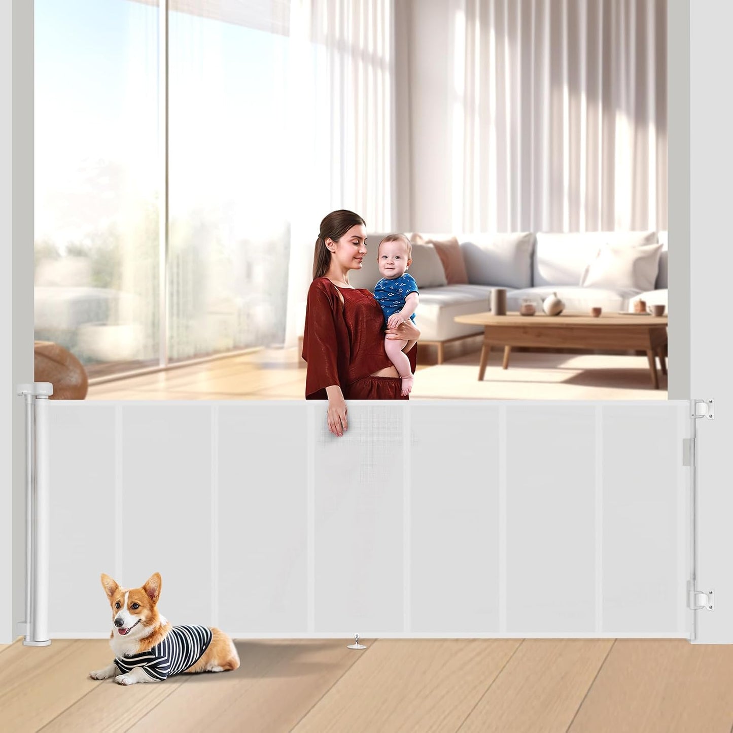Miumoon 71 inch Retractable Baby Gates 42 inch Tall, Retractable Gate with Reinforced Strip Design to Prevent Crawling Through, 6 FT Retractable Dog Gate for Stairs, Doorways, Hallways, Indoor/Outdoor