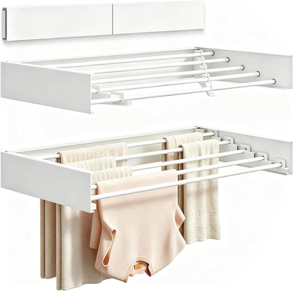 Wall Mounted Foldable Clothes Drying Rack Carbon Steel 5 Rods, Space-Saving Laundry Drying Rack with Wall Template (1, White, 31.5")