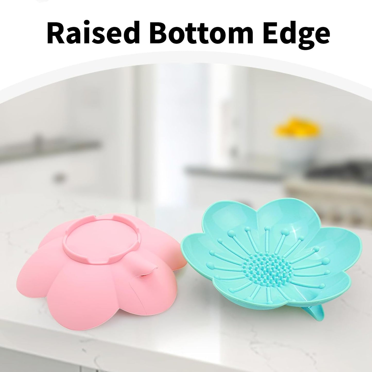 Soap Dishes 2 Pack Self Draining XL Flexible Bar Holder for Shower Steamer, Silicone Flower Soap Saver Tray for Counter Bathtub Sink Bathroom Decor with Drainage -Mirror Surface Easy Clean, Grey/Blue