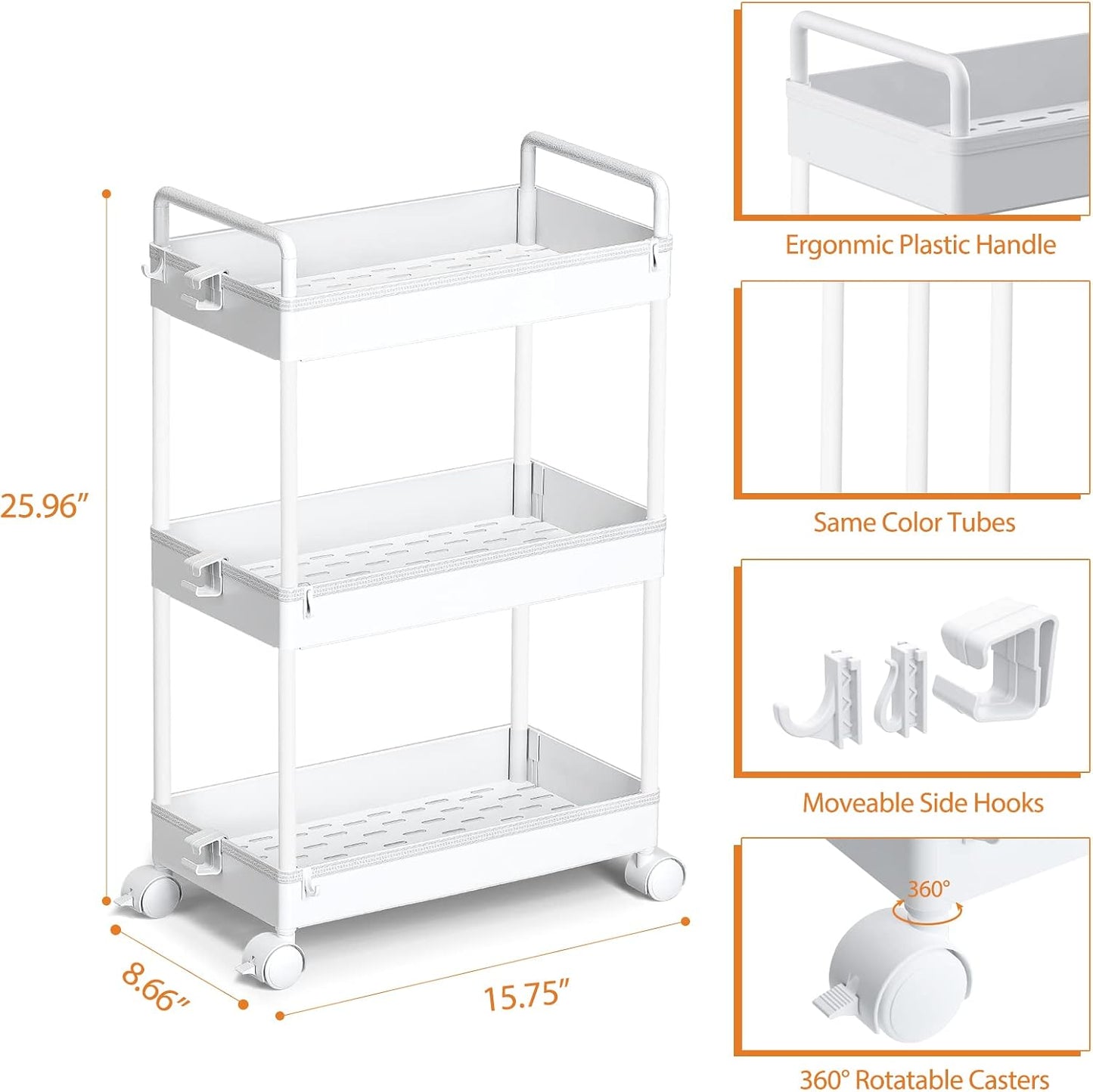 Ronlap 3 Tier Slim Rolling Storage Cart with Wheels Plastic Utility Cart Organizer for Snack Craft Art Postpartum Baby Diaper Nail Makeup in Bathroom Laundry Room Kitchen Bedside Narrow Space, White