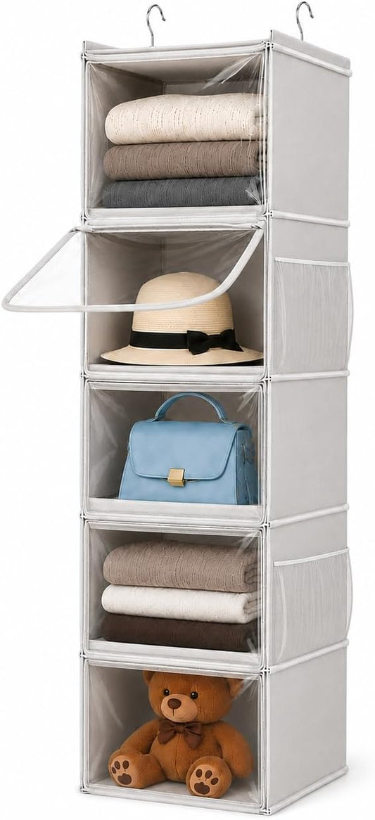 Vailando Hanging Closet Organizer – 5 Shelf Closet Hanging Storage Shelves with Clear Dust-Proof Covers for Clothes, Shoes, Purses, Gray