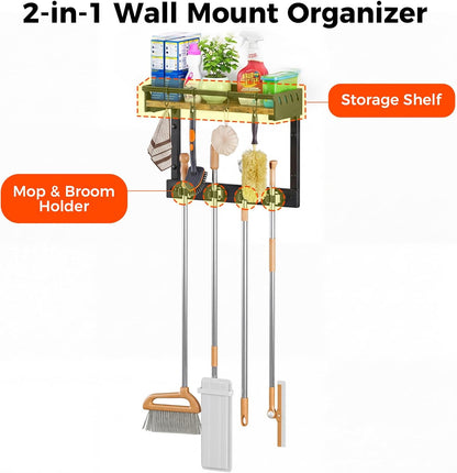 Broom Holder Wall Mount with Shelf,Broom Hanger,3 in 1 Broom and Mop Organizer Wall Hanging for Laundry,Garage,Utility,Broom Rack,Vacuum Stand Alternative,Cleaning Supplies Organizer Storage,White,L