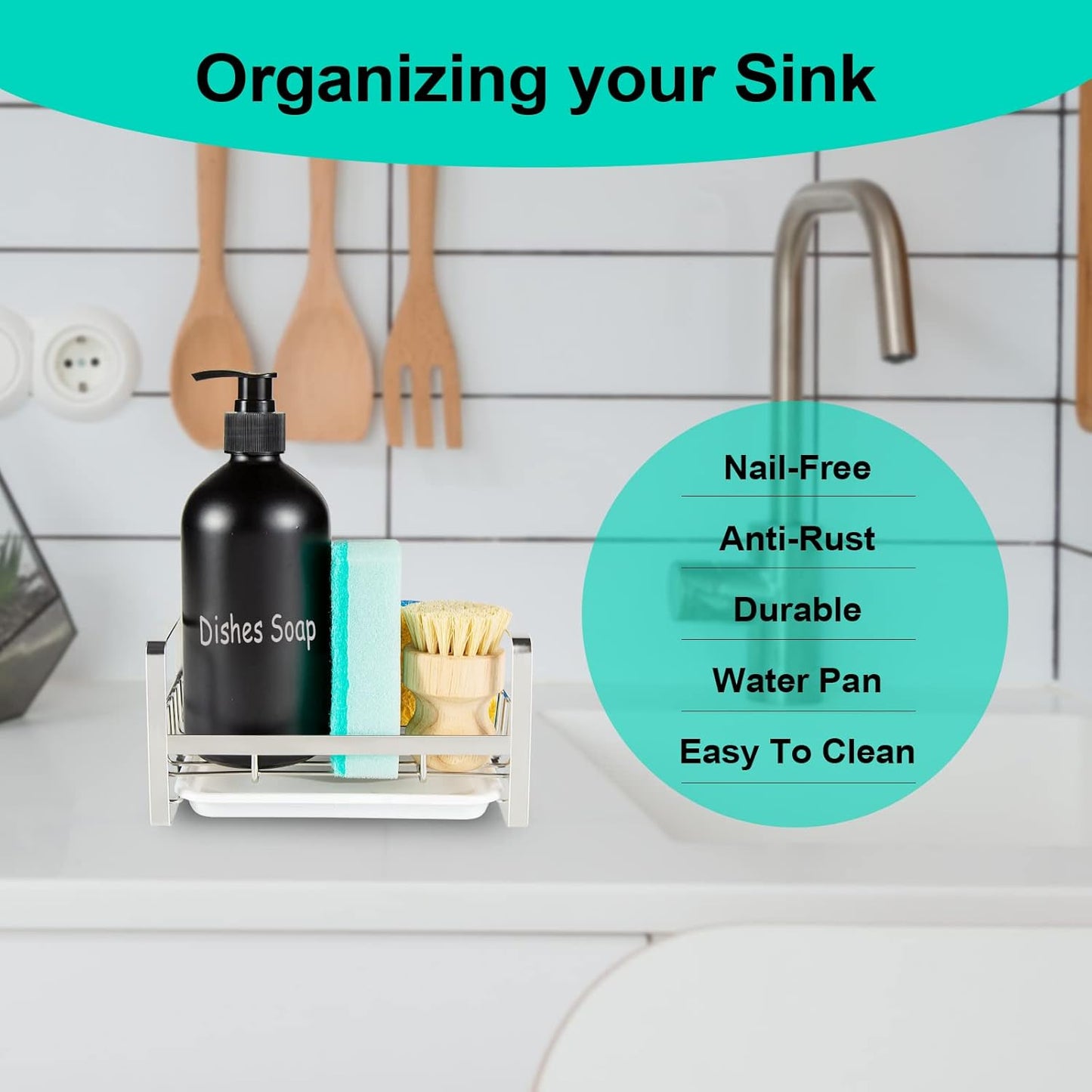 TEZZ Sponge Holder for Kitchen Sink- Stainless Steel Kitchen Sink Caddy for Organizing Sponge, Brush & Soap Dish Dispenser, coutertop Organizer Rack with Adhesive or Counter top, Black