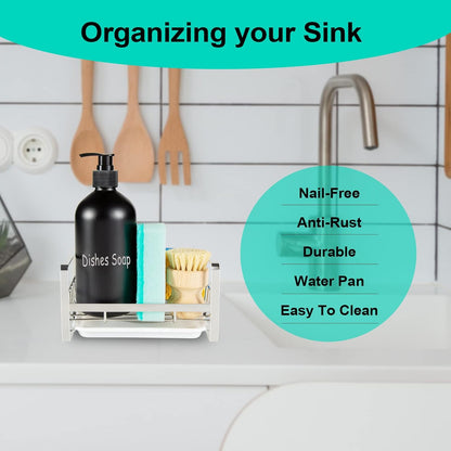 TEZZ Sponge Holder for Kitchen Sink- Stainless Steel Kitchen Sink Caddy for Organizing Sponge, Brush & Soap Dish Dispenser, coutertop Organizer Rack with Adhesive or Counter top, Black