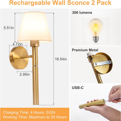 Battery Operated Wall Sconce Set of Two, 5200mAh Magnetic-Handle Rechargeable Sconces Wall Decor with Remote, Gold Wireless Wall Lights Lamp for Bedroom Living Room Home Decor(1 Spare Bulb)
