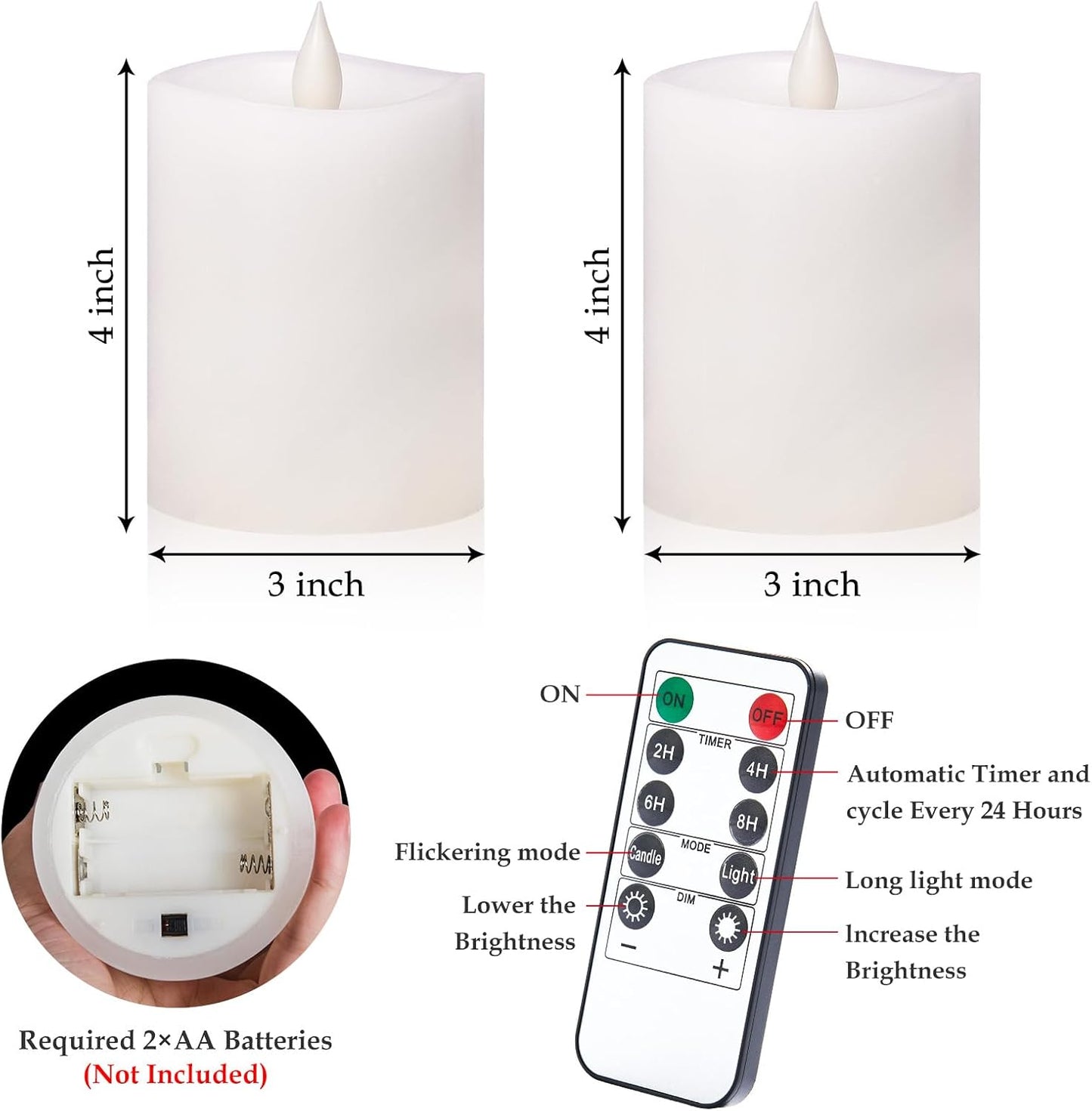 3"x4" Flickering Flameless Battery Candles with Timer, White Realistic LED Pillar Candles, Set of 2 Large Remote-Operated Candles for Home Indoor/Outdoor & Holiday Decor