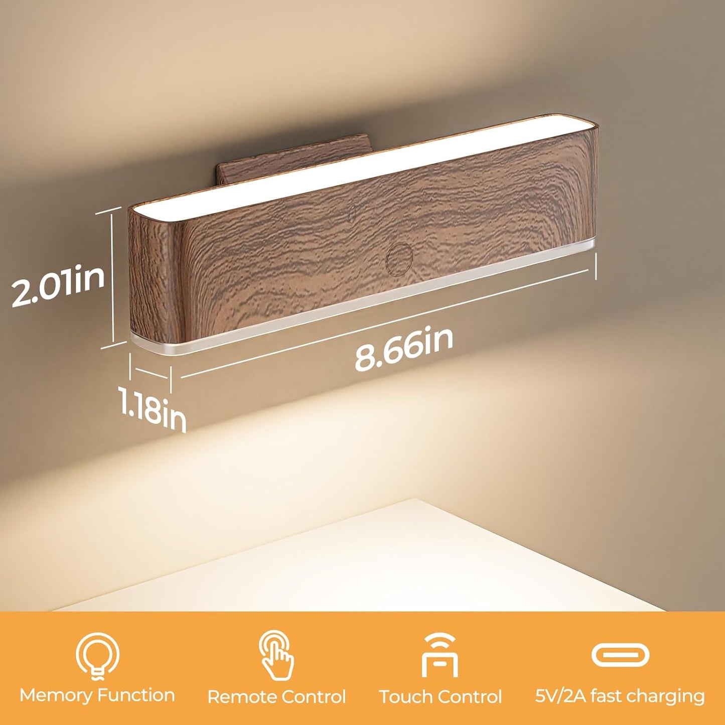 MOITA Magnetic Wireless Battery Operated Wall Sconce, Rechargeable Remote Control & Touch Control Wall Sconces Set of Two, 3-Color Temperatures LED Wall Lights, 360° Rotatable (Walnut, 2-Pack)