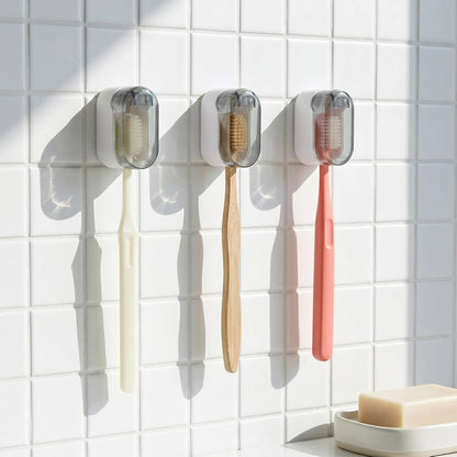 3 Pack Wall Mounted Toothbrush Holder with Cover for Bathrooms | Tooth Brush Holder for Travel and Home, Tooth Brush Hanger Rack, No Drill Toothbrushes Organizer for Manual/Electric