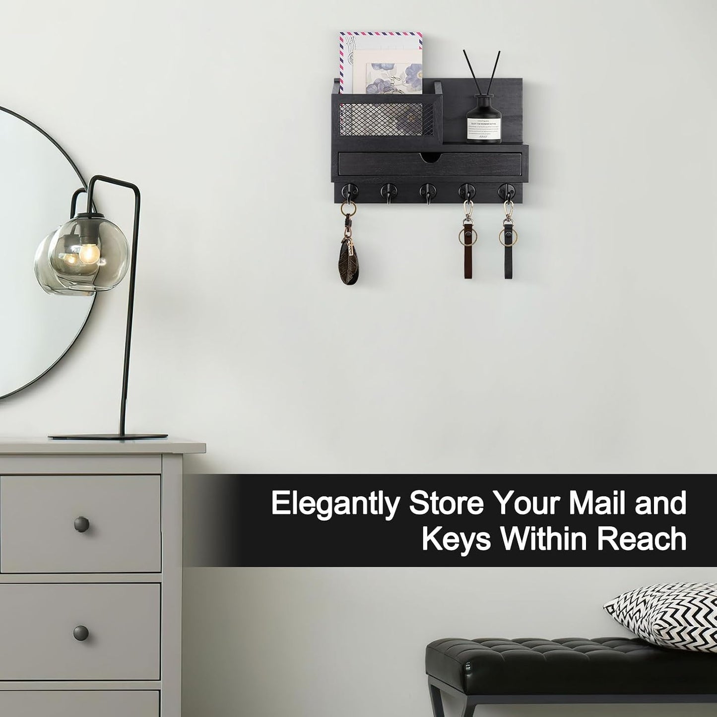 Key Holder Wall Mount, Key Holder for Wall with 5 Key Hooks and Storage Drawer Mail Organizer for Entryway Living Room Farmhouse Home Decor