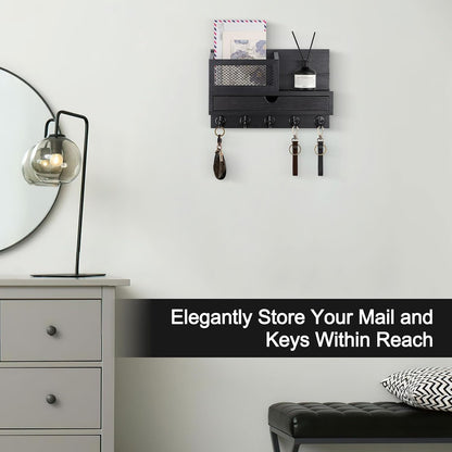 Key Holder Wall Mount, Key Holder for Wall with 5 Key Hooks and Storage Drawer Mail Organizer for Entryway Living Room Farmhouse Home Decor