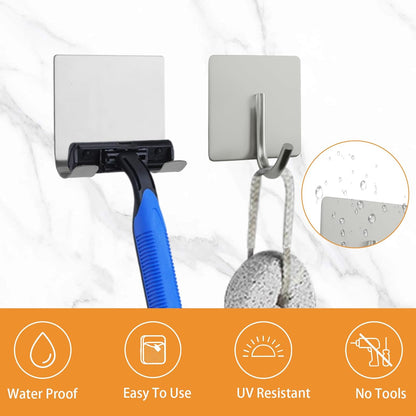 MOROBOR 4 Pcs Shower Squeegee Adhesive Hook, All-Purpose Scraper Holders Towel Hooks Stainless Steel Waterproof Storage Hook Bath Accessories for Kitchen & Bathroom（Silver）