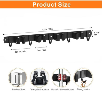 CUXIXA Mop and Broom Holder Wall Mount, Upgraded Broom Organizer Wall Mount, Stainless Steel Broom Hanger Wall Mount for Home Kitchen Garden Laundry Garage (3 Racks with 4 Hooks)